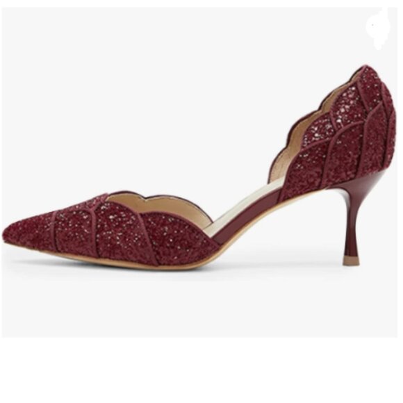 XYD Burgundy-glitter Pointed Toe D'Orsay Kitten Heel Slip-On Wedding Pump - Picture 1 of 8